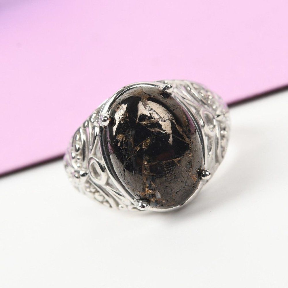 Matrix Silver Shungite Solitaire Ring  Platinum Over Bronze Size (8)